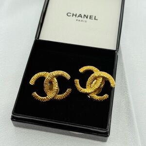 CHANEL  Large Textured CC Gold Vintage Earrings